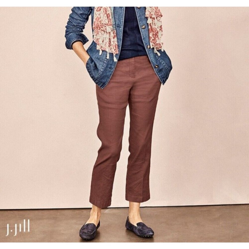 J Jill Luxe Linen Pant 8 Rust Brown Stretch Straight Crop Casual Lagenlook Boho